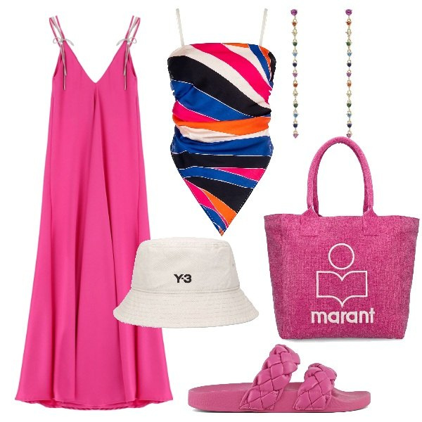 Outfit donna - Intero multicolor. Stile Basic per Mare. Abbinamento con orecchini, costumi interi, vestiti lunghi, ciabatte, shopping bag, cappelli.