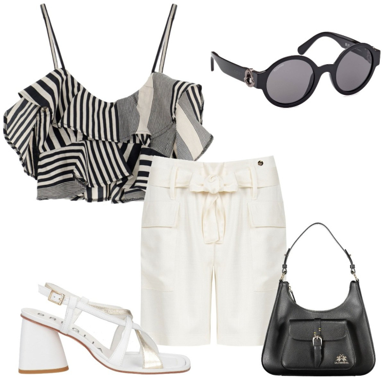 Outfit donna - Total look #1913059. Stile Trendy per Tutti i giorni. Abbinamento con sandali in pelle, pantaloni corti, top, occhiali da sole, borse a spalla.