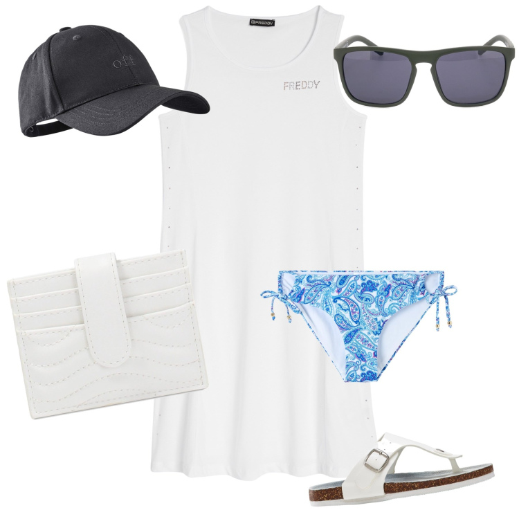 Outfit donna - Un caffè al bar della spiaggia. Stile Basic per Mare. Abbinamento con infradito, cappelli con visiera, bikini, vestiti senza maniche, portafogli, occhiali da sole.