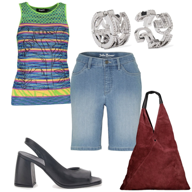 Outfit donna - Total look #1913071. Stile Trendy per Tutti i giorni. Abbinamento con bermuda, canottiere, sandali in pelle, borse a spalla, orecchini.