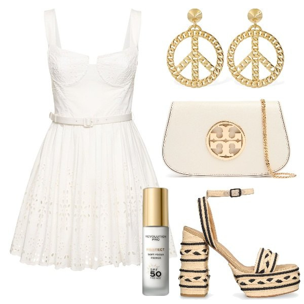 Outfit donna - Total look #1913073. Stile Chic per Serata fuori. Abbinamento con primer, vestiti, sandali col tacco, orecchini, pochette.