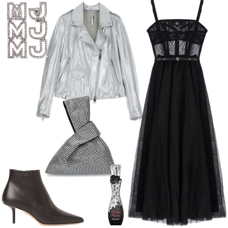 Outfit donna - Seratissima. Stile Rock per Serata fuori. Abbinamento con profumi, giacche, vestiti lunghi, borse a mano, orecchini, stivaletti.