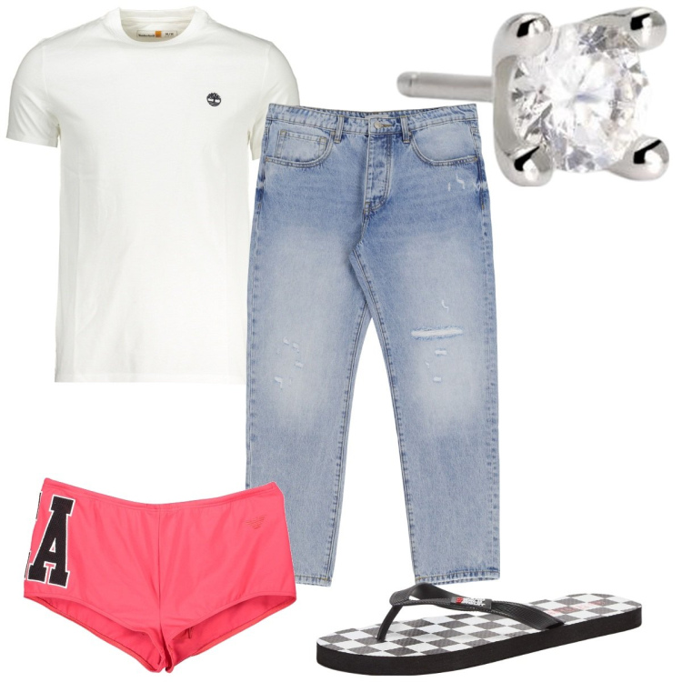 Outfit uomo - T-shirt bianca al mare. Stile Trendy per Mare. Abbinamento con sandali, orecchini, jeans slim fit, t-shirt, costumi.
