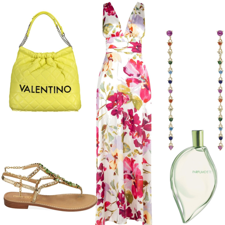 Outfit donna - Estate. Stile Chic per Serata fuori. Abbinamento con profumi, orecchini, vestiti lunghi, ciabatte, borse a spalla.