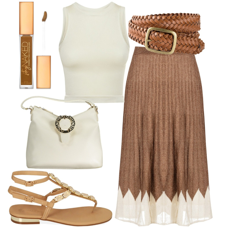 Outfit donna - Fresca in città. Stile Casual per Tutti i giorni. Abbinamento con cinture, correttori, gonne longuette, ciabatte, canottiere, borse a spalla.