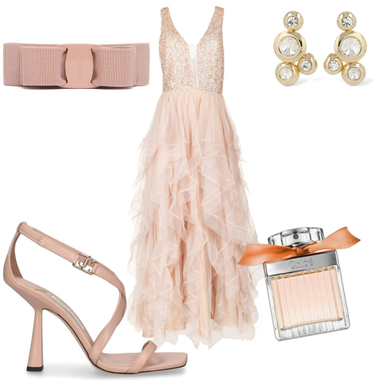 Outfit donna - Sposa. Stile Chic per Cerimonia. Abbinamento con profumi, vestiti, orecchini, sandali in pelle, accessori per capelli.