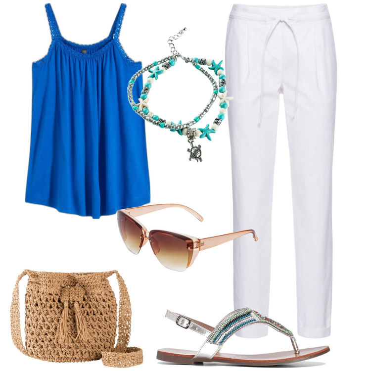 Outfit donna - Saldi estivi. Stile Casual chic per Mare. Abbinamento con pantaloni, top, ciabatte, occhiali da sole, borse a tracolla, collane.
