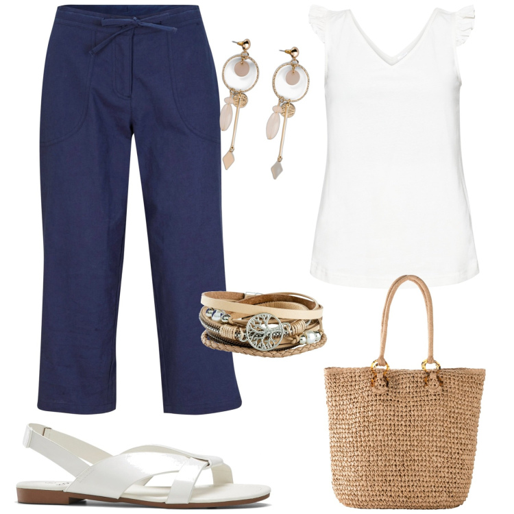 Outfit donna - Splendida over size. Stile Casual chic per Ufficio. Abbinamento con top, sandali, braccialetti, orecchini, pantaloni capri, shopping bag.
