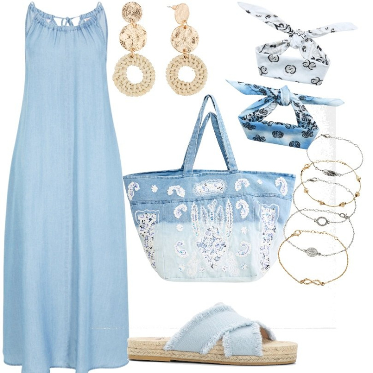 Outfit donna - Ideale x le giornate calde. Stile Basic per Tutti i giorni. Abbinamento con vestiti, braccialetti con ciondoli, orecchini, ciabatte, shopping bag, fasce per capelli.