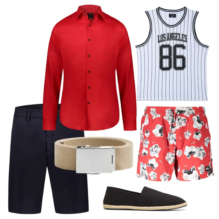 Outfit uomo - Abbinamento a contrasto!!!. Stile Casual per Mare. Abbinamento con espadrillas, cinture, canottiere, camicie, costumi, bermuda.