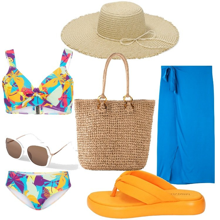 Outfit donna - Tra la sabbia e il sole. Stile Basic per Mare. Abbinamento con bikini, occhiali da sole, shopping bag, vestiti da spiaggia, cappelli, infradito.