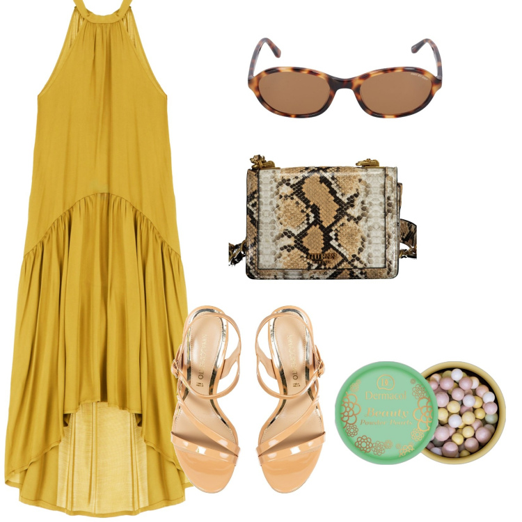 Outfit donna - L\'estate addosso. Stile Casual chic per Tutti i giorni. Abbinamento con blush, sandali in pelle, vestiti lunghi, occhiali da sole, borse a tracolla.