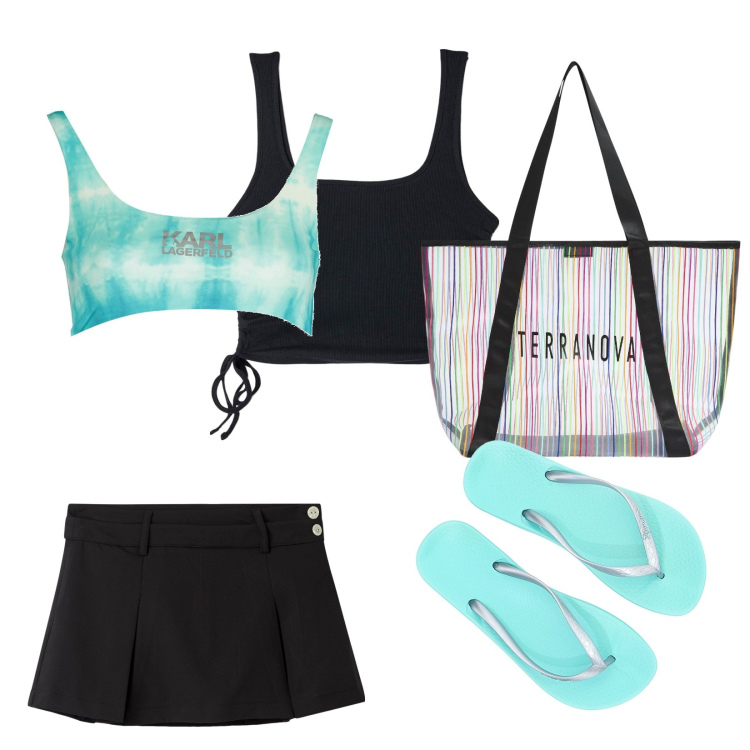 Outfit donna - Bikini verde acqua. Stile Basic per Mare. Abbinamento con canottiere, minigonne, shopping bag, infradito, costumi.
