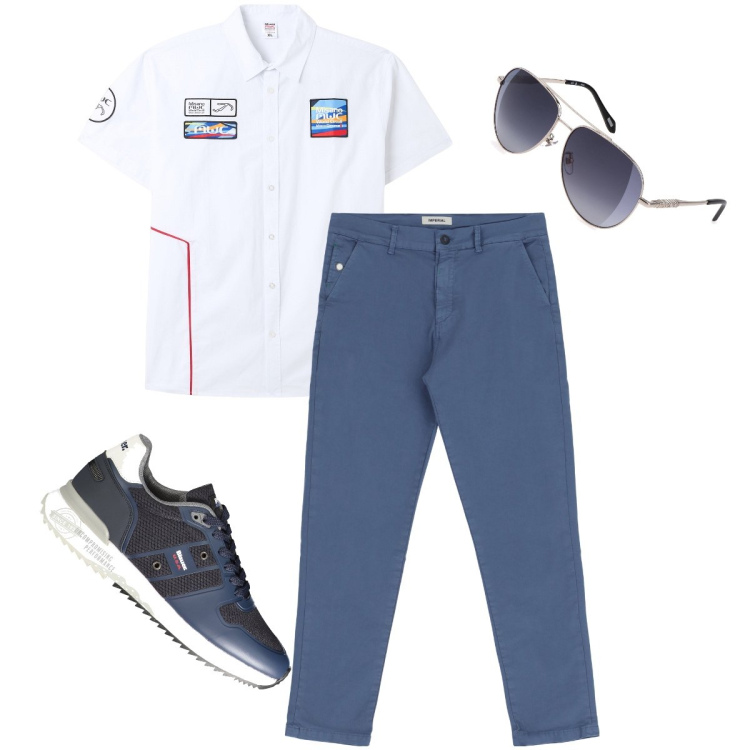 Outfit uomo - La camicia decorata. Stile Urban per Ufficio. Abbinamento con camicie a manica corta, pantaloni chino, occhiali da sole, sneakers.
