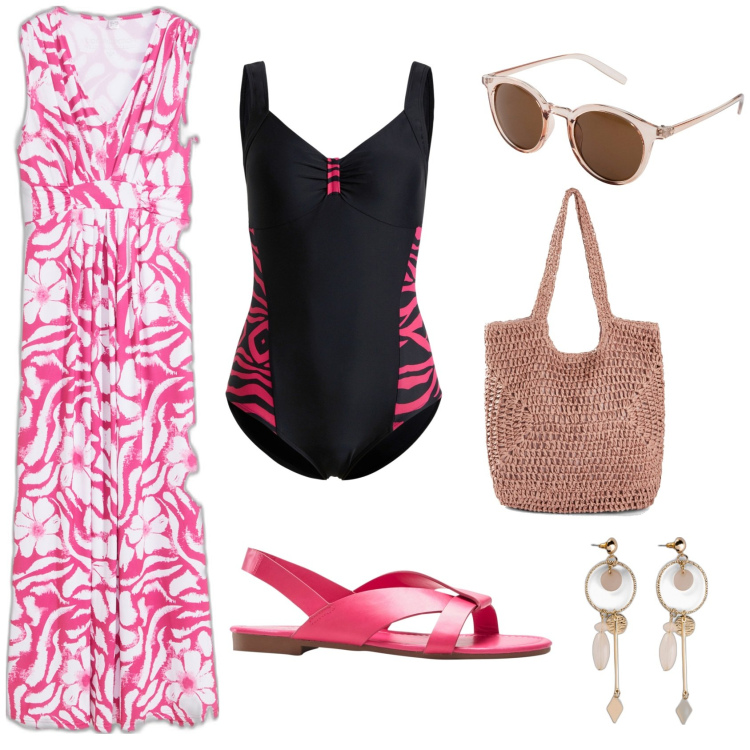 Outfit donna - Ciclamino zebrato. Stile Casual per Mare. Abbinamento con costumi interi, orecchini, vestiti lunghi, sandali, shopping bag, occhiali da sole.