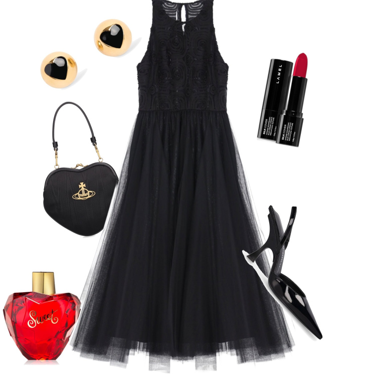 Outfit donna - Love is in the air. Stile Glamour per Serata fuori. Abbinamento con profumi, rossetti, vestiti midi/longuette, décolleté, borse a spalla, orecchini.