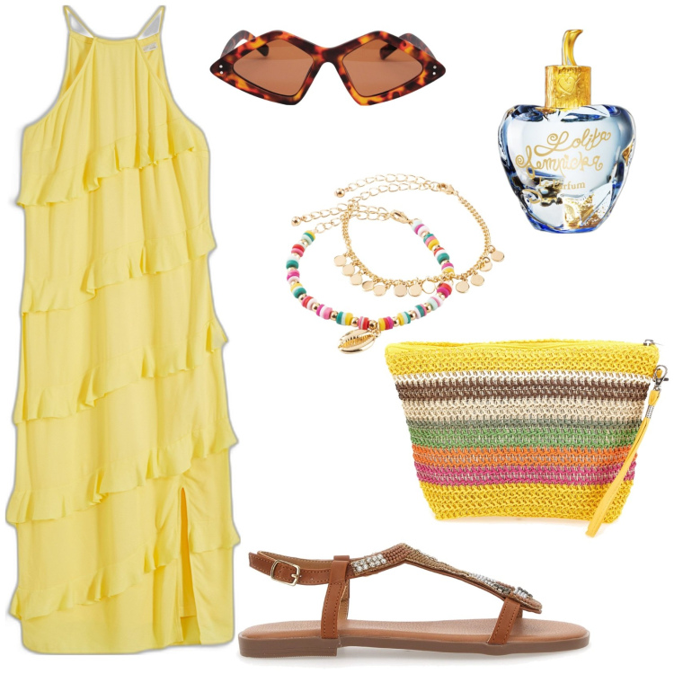 Outfit donna - Yellow party on the beach. Stile Trendy per Serata fuori. Abbinamento con vestiti lunghi, braccialetti con ciondoli, profumi, borse a mano, sandali gioiello, occhiali da sole.