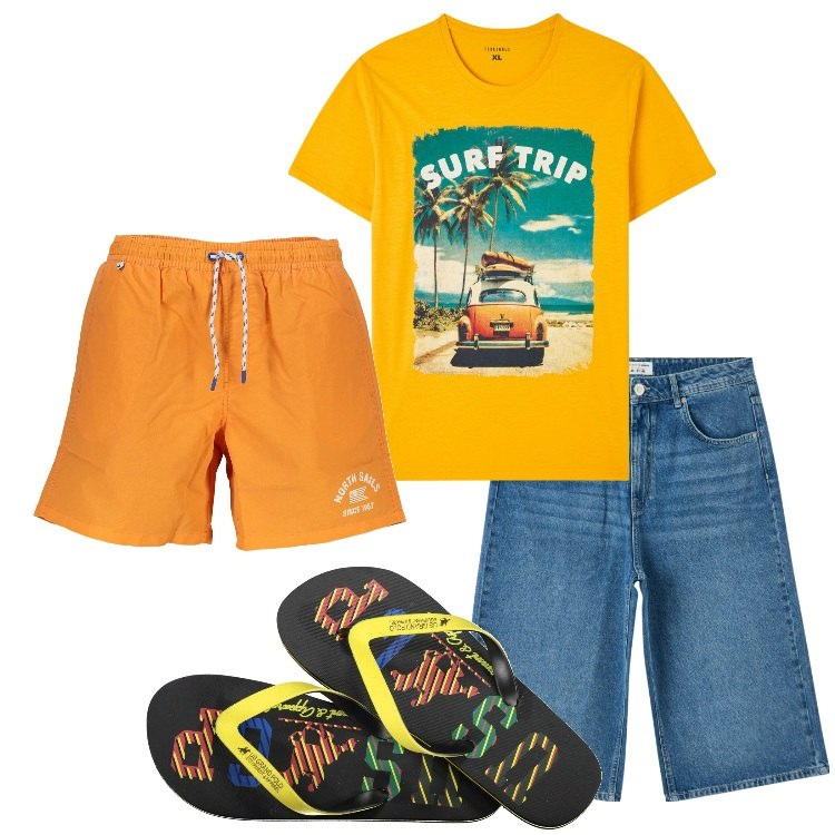 Outfit uomo - Viva i colori!. Stile Casual per Mare. Abbinamento con pantaloni corti, t-shirt, sandali, costumi.