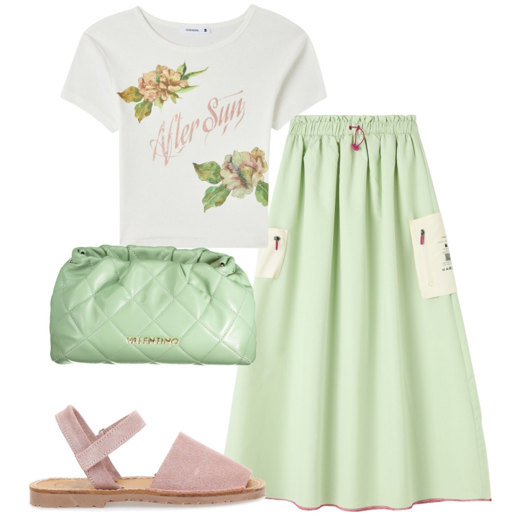 Outfit donna - City. Stile Basic per Tutti i giorni. Abbinamento con gonne lunghe, t-shirt, sandali in pelle, borse a spalla.