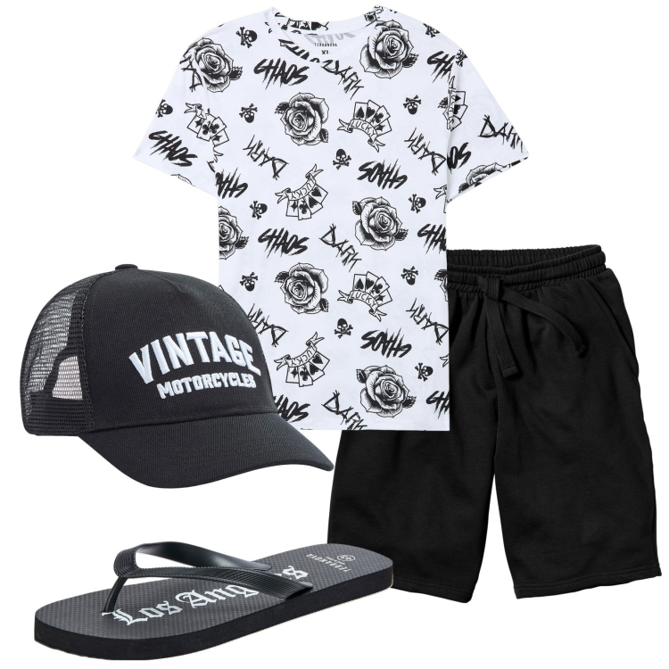 Outfit uomo - Total look #1913347. Stile Casual per Mare. Abbinamento con bermuda, cappelli, sandali, t-shirt.