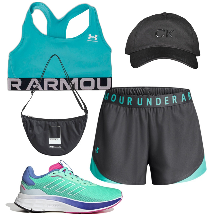 Outfit donna - Corsetta mattutina. Stile Casual per Sport. Abbinamento con marsupi, pantaloni, scarpe sportive, cappelli con visiera, top.