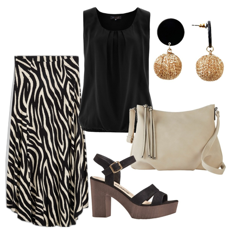 Outfit donna - Gonna zebrata. Stile Trendy per Serata fuori. Abbinamento con top, orecchini, gonne, borse a tracolla, sandali col tacco.