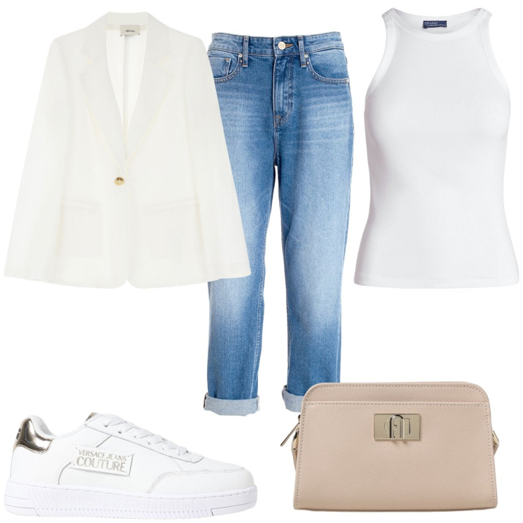 Outfit donna - Total look #1913381. Stile Casual per Tutti i giorni. Abbinamento con jeans boyfriend, canottiere, blazer, sneakers, borse a spalla.