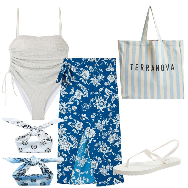 Outfit donna - Costume + pareo. Stile Romantica per Mare. Abbinamento con vestiti da spiaggia, sandali, costumi interi, fasce per capelli, borse tote.