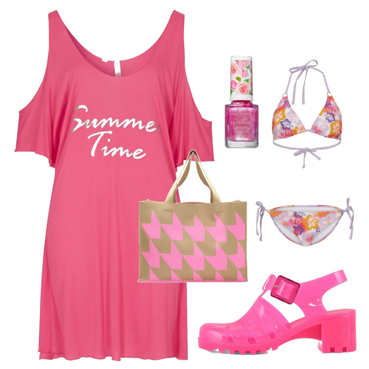 Outfit donna - Bikini colorato!!!. Stile Minimal per Mare. Abbinamento con bikini, vestiti da spiaggia, smalti, borse a spalla, sandali col tacco.