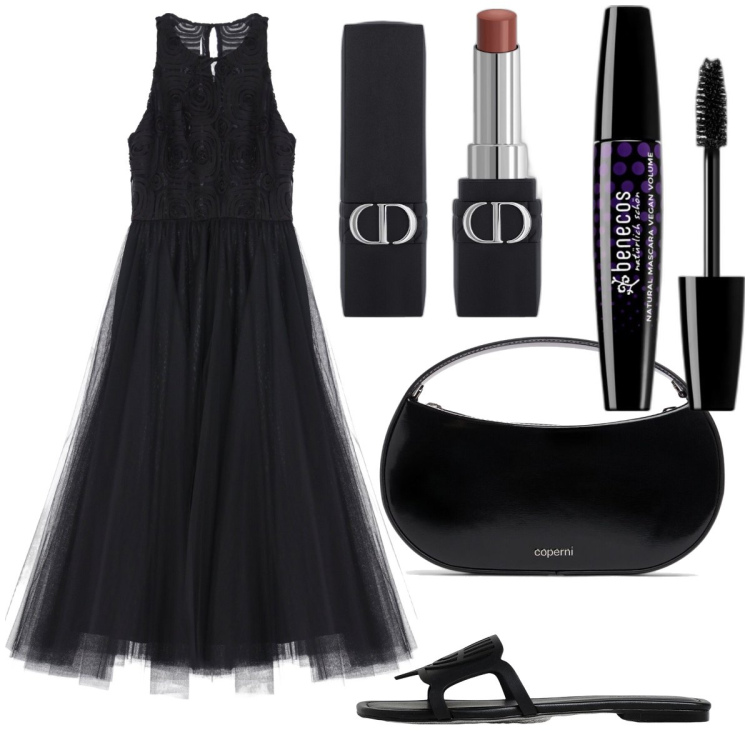 Outfit donna - Total look #1913403. Stile Romantica per Serata fuori. Abbinamento con rossetti, mascara, vestiti midi/longuette, pantofole, borse a mano.