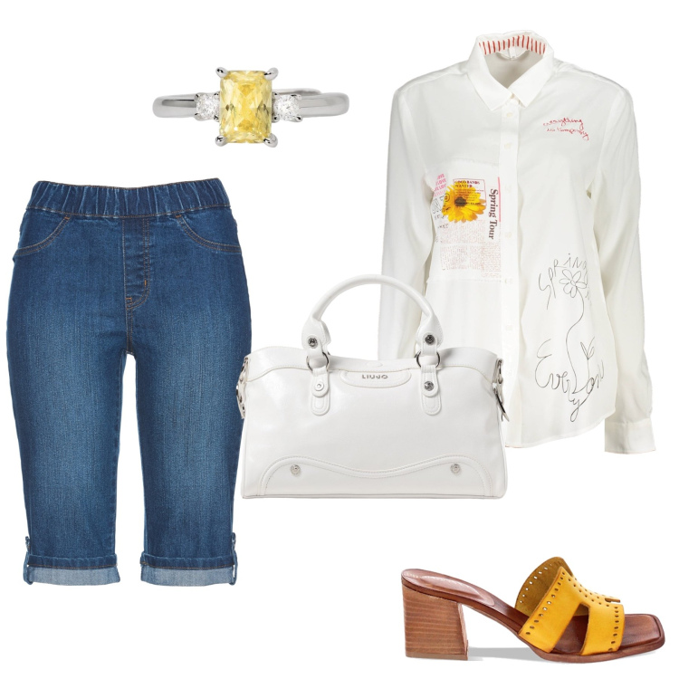 Outfit donna - Aperitivo con le amiche. Stile Glamour per Serata fuori. Abbinamento con bermuda, anelli, sandali col tacco, camicie, borse a mano.