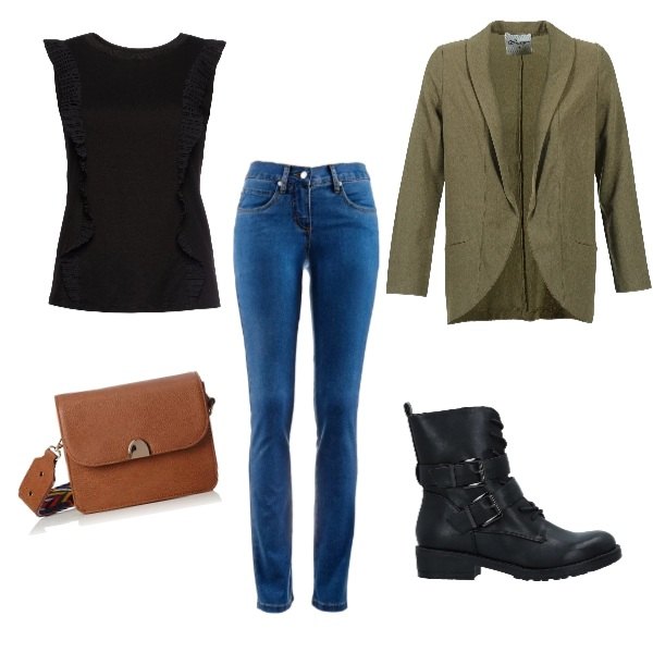 Outfit donna - Tutti i giorni. Abbinamento con jeans dritti, stivaletti con tacco squadrato e fibbia interno foderato con punta tonda in pelle sintetica tinta unita, giacca verde, blusa con volant plissè con scollo senza maniche nero, corpo.
