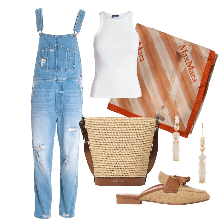 Outfit donna - Ghost outfitter - luglio. Stile Casual per Tutti i giorni. Abbinamento con salopette, canottiere, orecchini, sandali col tacco, borse a spalla, foulard.