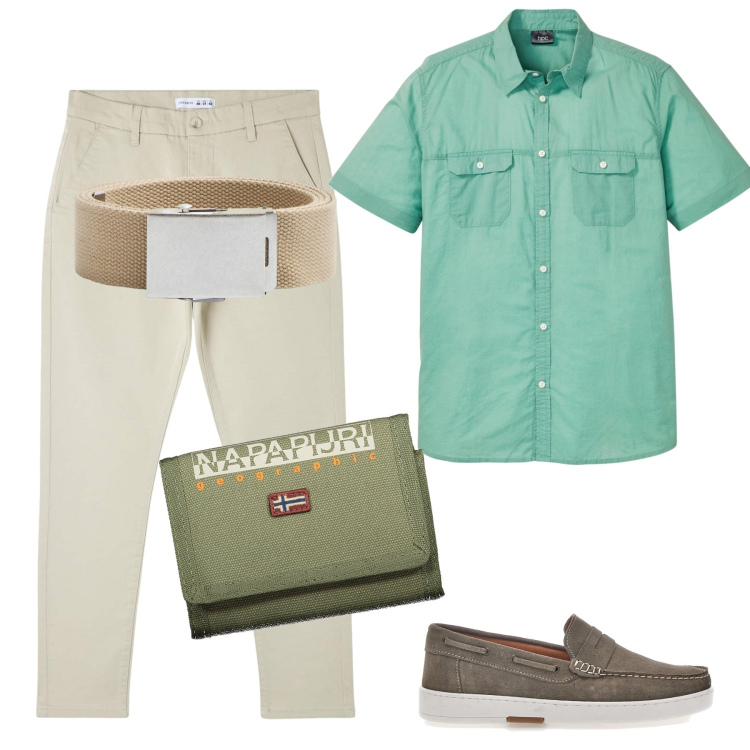 Outfit uomo - Passeggiata serale. Stile Casual per Tutti i giorni. Abbinamento con camicie a manica corta, pantaloni skinny, cinture, portafogli, scarpe stringate.