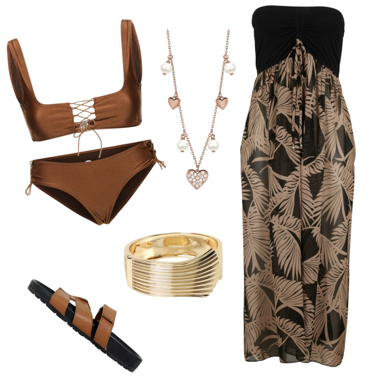 Outfit donna - Total look #1913441. Abbinamento con vestiti da spiaggia, collane, sandali, bikini, bikini, braccialetti.