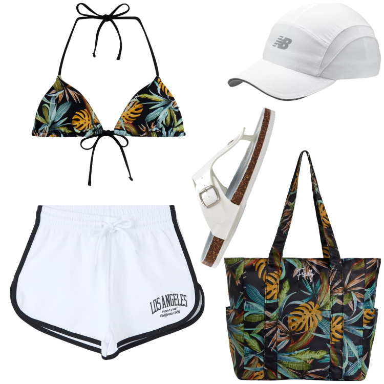 Outfit donna - baseball cap. Stile Trendy per Mare. Abbinamento con infradito, shorts, cappelli, shopping bag, bikini.