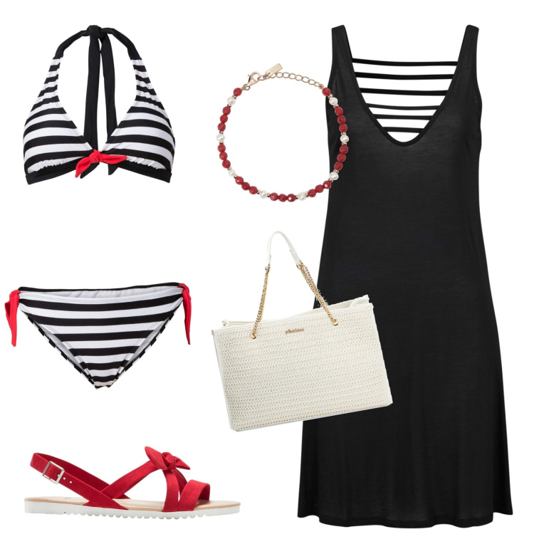 Outfit donna - Bikini a righe. Abbinamento con vestiti da spiaggia, sandali, bikini, braccialetti, borse a spalla.