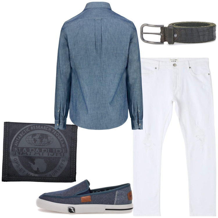 Outfit uomo - Total look #1913446. Stile Casual per Tutti i giorni. Abbinamento con jeans strappati, camicie, cinture, portafogli, sneakers.