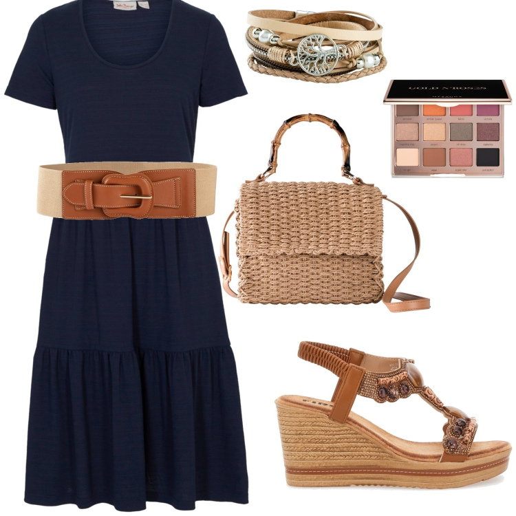 Outfit donna - Abito blu con accessori marroni. Stile Boho per Tutti i giorni. Abbinamento con vestiti, braccialetti, cinture, borse a mano, ombretti, sandali gioiello.
