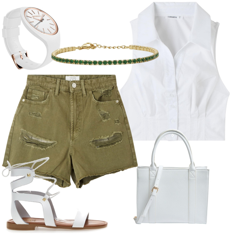 Outfit donna - Total look #1913456. Stile Casual per Tutti i giorni. Abbinamento con shorts, shopping bag, camicie, braccialetti, orologi, sandali in pelle.