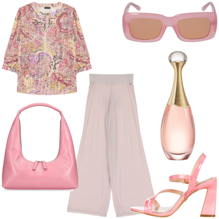 Outfit donna - Sfumature rosa. Stile Trendy per Tutti i giorni. Abbinamento con profumi, sandali in pelle, pantaloni a palazzo, bluse, borse a spalla, occhiali da sole.