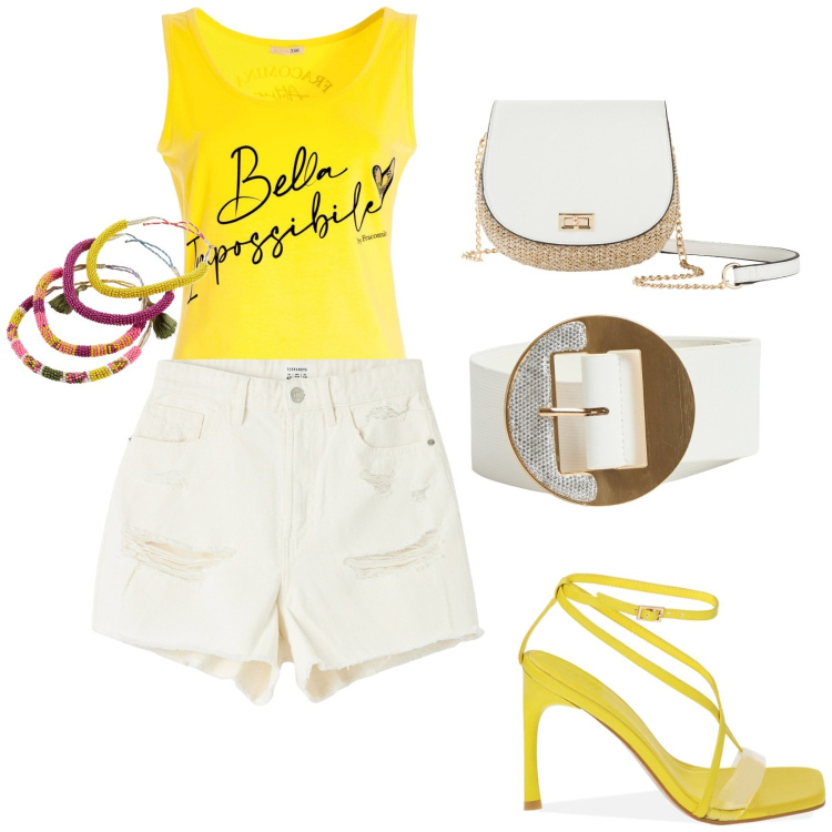 Outfit donna - Total look #1913485. Stile Casual per Tutti i giorni. Abbinamento con borse a tracolla, braccialetti, shorts, cinture, canottiere, sandali col tacco.
