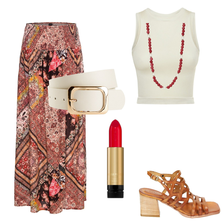 Outfit donna - La gonna gitana. Stile Boho per Serata fuori. Abbinamento con cinture, gonne, rossetti, collane, sandali col tacco, canottiere.