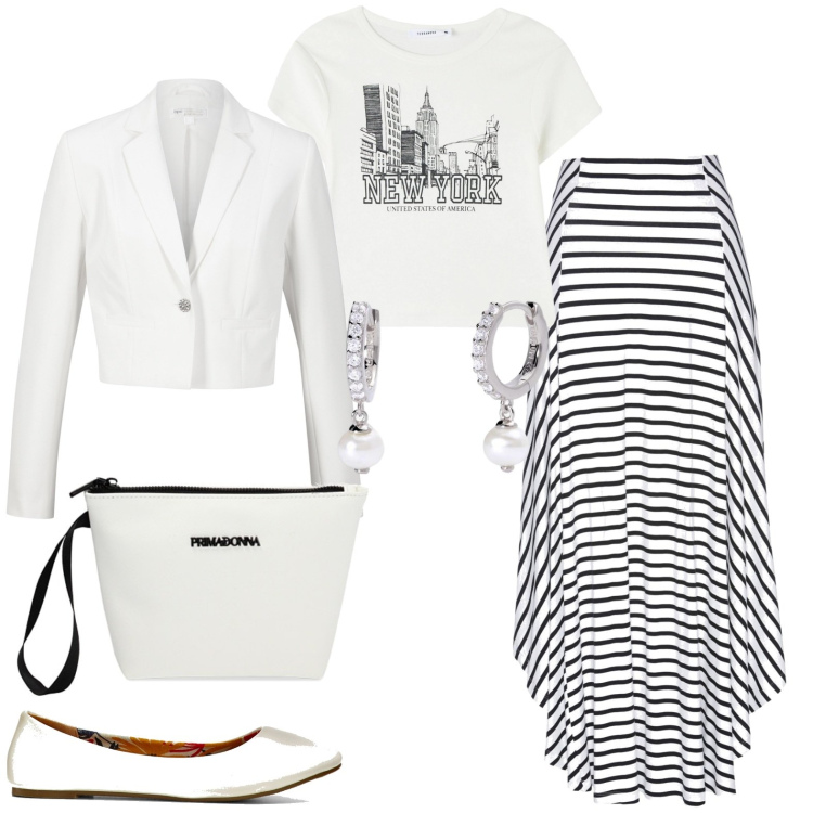 Outfit donna - Total look #1913513. Stile Casual chic per Serata fuori. Abbinamento con ballerine, gonne, blazer, t-shirt, orecchini, valigie.