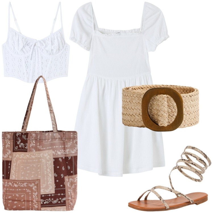 Outfit donna - Terranova preppy. Stile Preppy per Tutti i giorni. Abbinamento con top, shopping bag, vestiti corti, cinture, sandali.