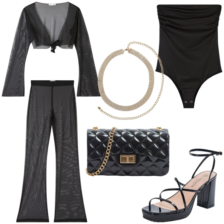Outfit donna - 70\'s trendy. Stile 70s per Serata fuori. Abbinamento con body, borse a tracolla, pantaloni, sandali in pelle, collane, bolero.