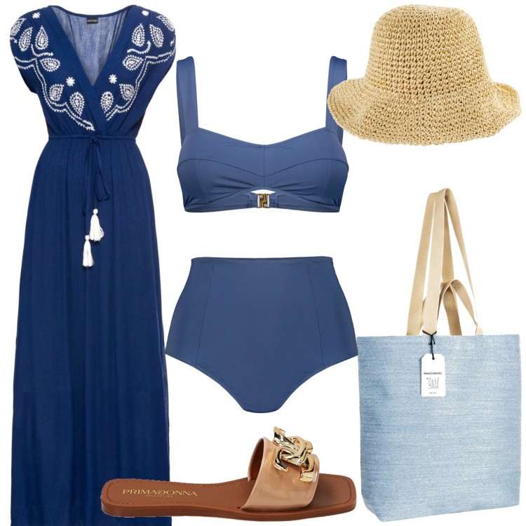 Outfit donna - Total look #1913524. Stile Casual per Mare. Abbinamento con vestiti lunghi, cappelli, borse tote, ciabatte, bikini.
