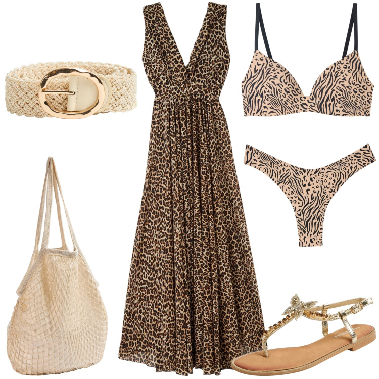 Outfit donna - I love animalier. Stile Etnico per Tutti i giorni. Abbinamento con reggiseni, vestiti lunghi, culotte, sandali gioiello, cinture, borse a spalla.