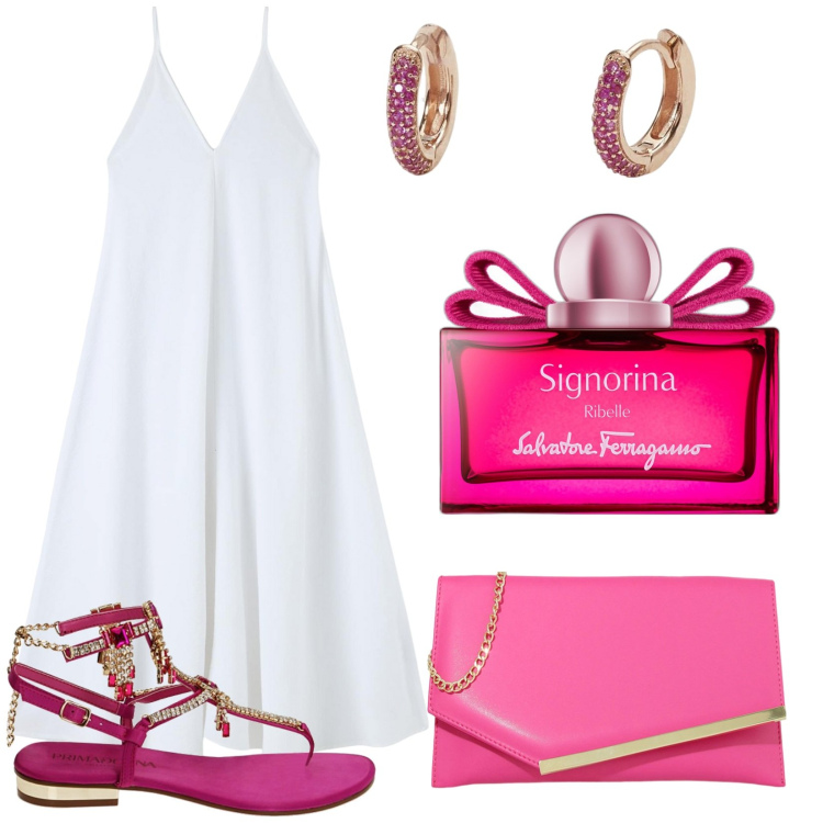 Outfit donna - Look serale anti afa. Stile Trendy per Serata fuori. Abbinamento con vestiti lunghi, profumi, orecchini, pochette, ciabatte.