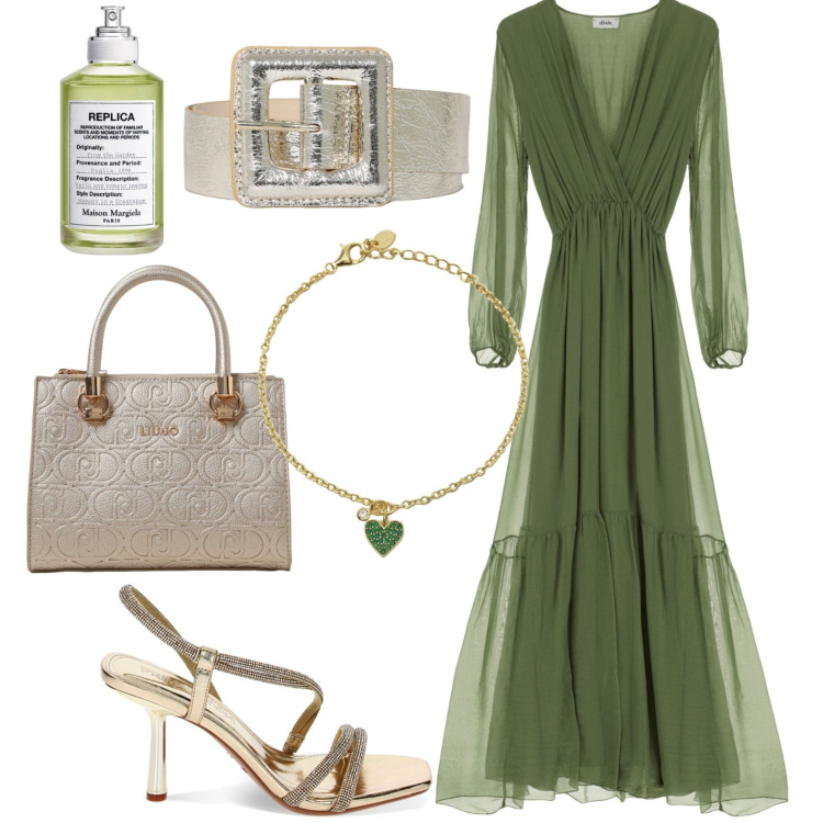 Outfit donna - Serata. Stile Chic per Serata fuori. Abbinamento con profumi, braccialetti con ciondoli, cinture, vestiti lunghi, sandali gioiello, borse a spalla.